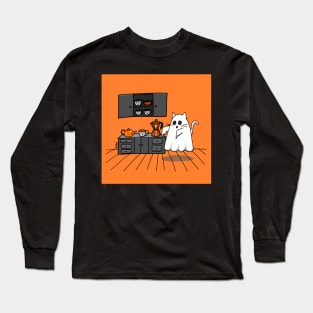 Morning Coffee Ghost Cat Long Sleeve T-Shirt